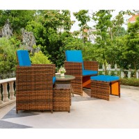 Devoko 4 Pieces Patio Wicker Furniture Set Outdoor Patio Chairs With Ottomans All Weather Cushioned Chairs Balcony Porch Furniture (Blue)