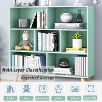 Iotxy Wooden Open Shelf Bookcase 3Tier Floor Standing Display Cabinet Rack With Legs 7 Cubes Bookshelf Tiffanygreen