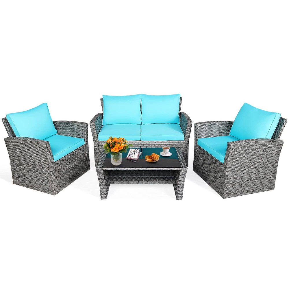 Tangkula 4 Pieces Patio Furniture Set, All Weather Outdoor Sectional Rattan Sofa Set With Cushions & Tempered Glass Table, Wicker Conversation Couch Set For Backyard Garden Poolside (Turquoise)