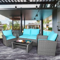 Tangkula 4 Pieces Patio Furniture Set, All Weather Outdoor Sectional Rattan Sofa Set With Cushions & Tempered Glass Table, Wicker Conversation Couch Set For Backyard Garden Poolside (Turquoise)