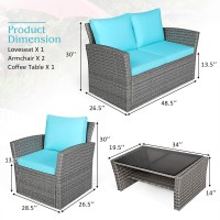 Tangkula 4 Pieces Patio Furniture Set, All Weather Outdoor Sectional Rattan Sofa Set With Cushions & Tempered Glass Table, Wicker Conversation Couch Set For Backyard Garden Poolside (Turquoise)