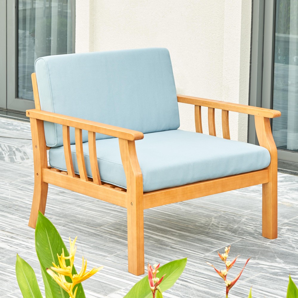Kapalua Honey Nautical Curve Eucalyptus Wooden Outdoor Sofa Chair With Cushion(D0102H7Jyr2)