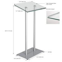 M&T Displays Tempered Clear Glass Conference Podium Stand Silver Aluminum Body And Base 43.9 Inch Height Floor Standing Lectern Pulpit Desk For Classroom Church