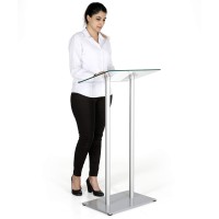 M&T Displays Tempered Clear Glass Conference Podium Stand Silver Aluminum Body And Base 43.9 Inch Height Floor Standing Lectern Pulpit Desk For Classroom Church