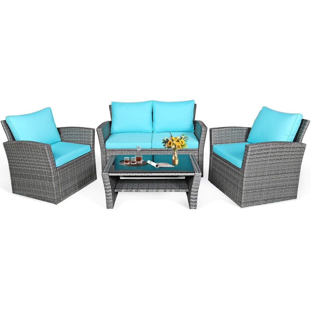 Happygrill 4-Pieces Patio Rattan Furniture Set Outdoor Conversation Set With Cushions And Coffee Table, Sectional Wicker Sofa Set For Garden Porch Balcony Poolside