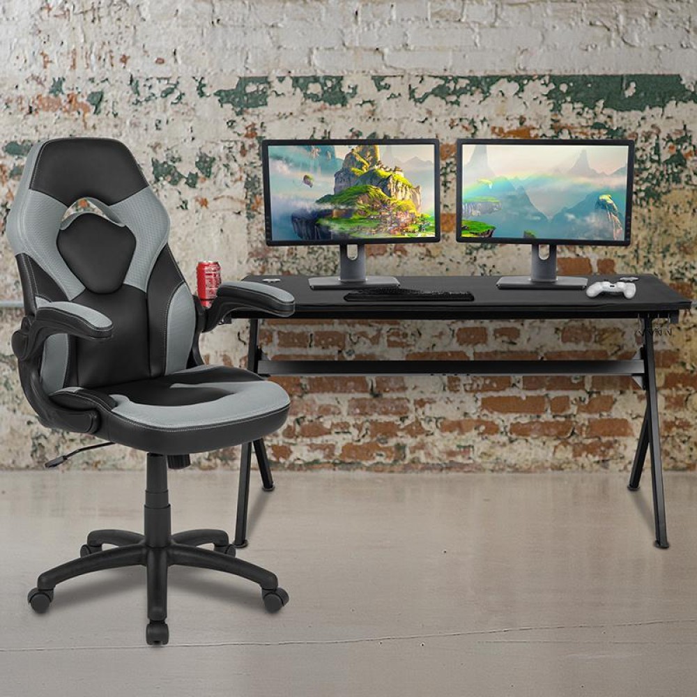 Gaming Desk And Gray/Black Racing Chair Set /Cup Holder/Headphone Hook/Removable Mouse Pad Top - 2 Wire Management Holes