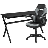 Gaming Desk And Gray/Black Racing Chair Set /Cup Holder/Headphone Hook/Removable Mouse Pad Top - 2 Wire Management Holes