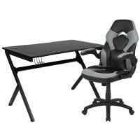 Black Gaming Desk and GrayBlack Racing Chair Set with Cup Holder Headphone Hook 2 Wire Management Holes