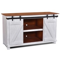 Sunset Trading Stowe Barn Door Console | Media Cabinet | TV Stand | Rustic White and Brown Solid Wood