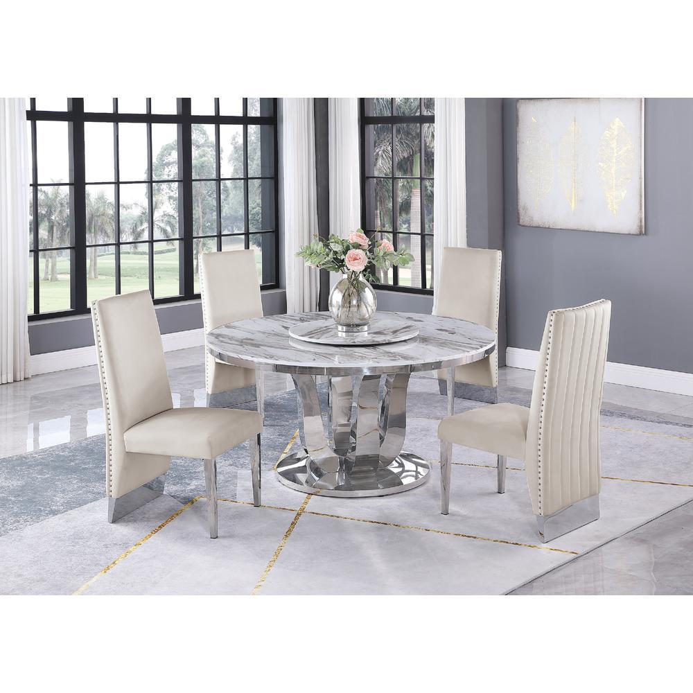 White Marble LazySusan Dining Set Pleated Chairs in Beige Velvet