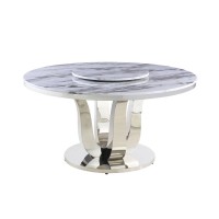 White Marble LazySusan Dining Set Pleated Chairs in Beige Velvet