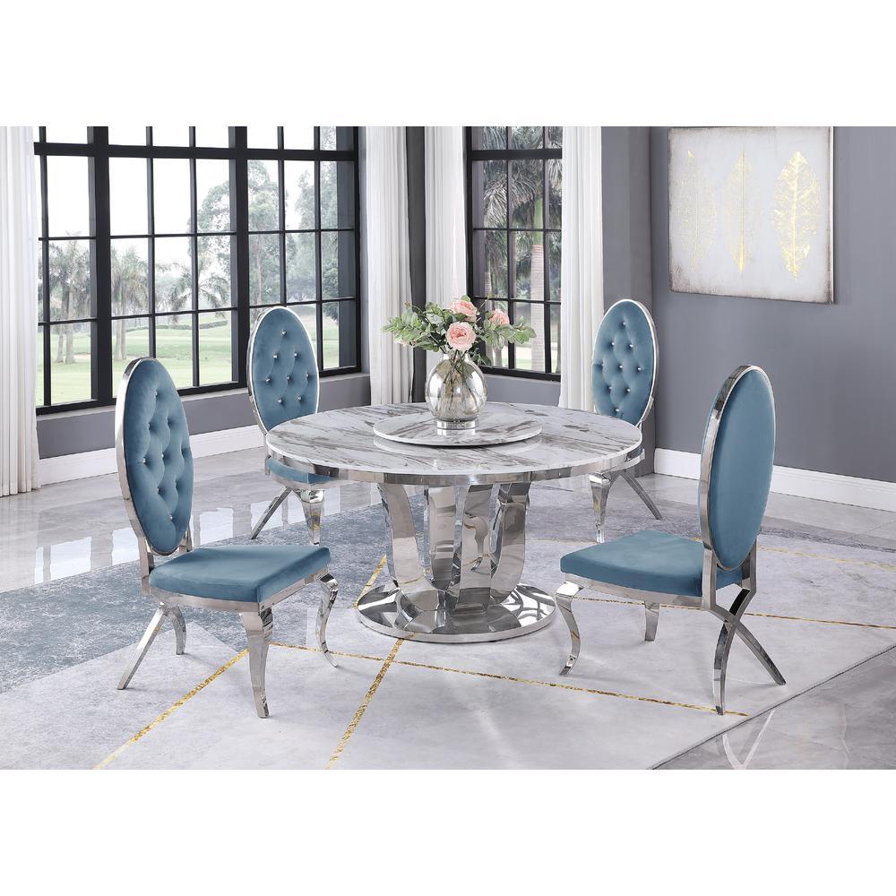 White Marble LazySusan Dining Set Tufted Faux Crystal Chairs in Teal Velvet