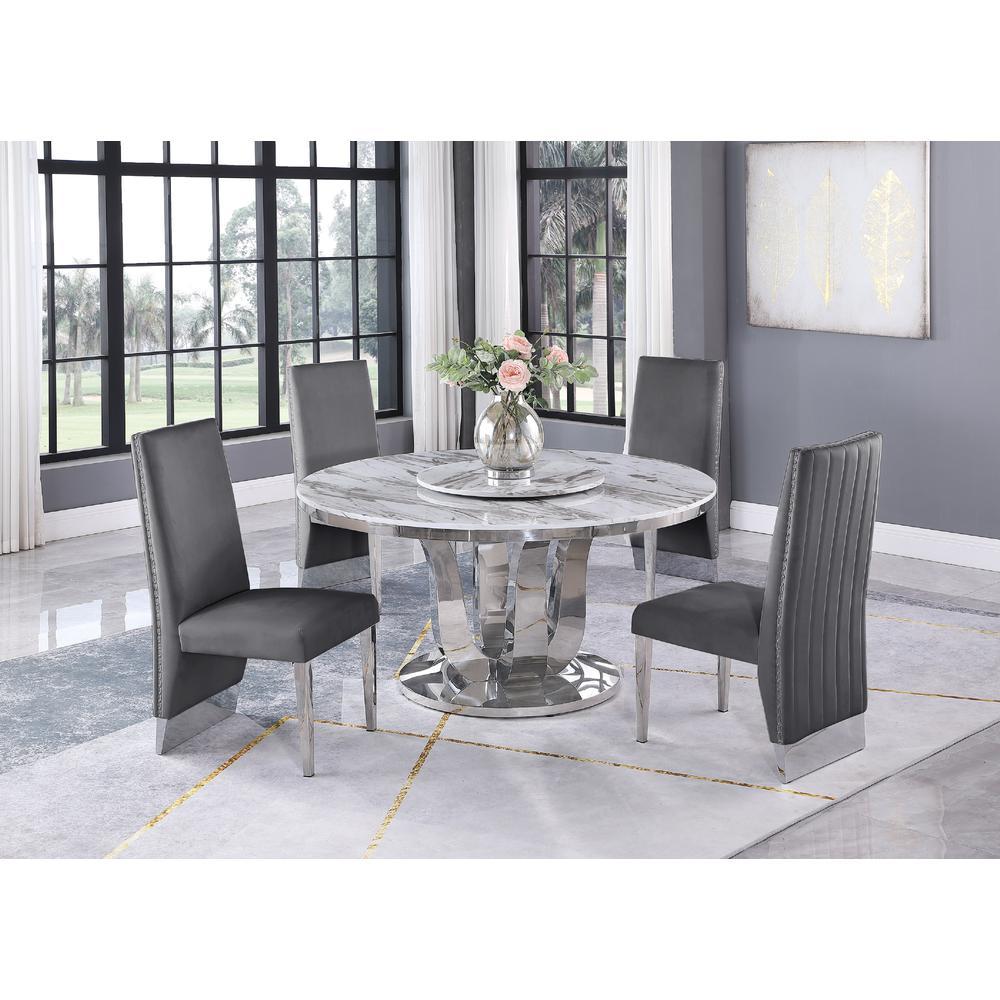 White Marble LazySusan Dining Set Pleated Chairs in Dark Grey Velvet