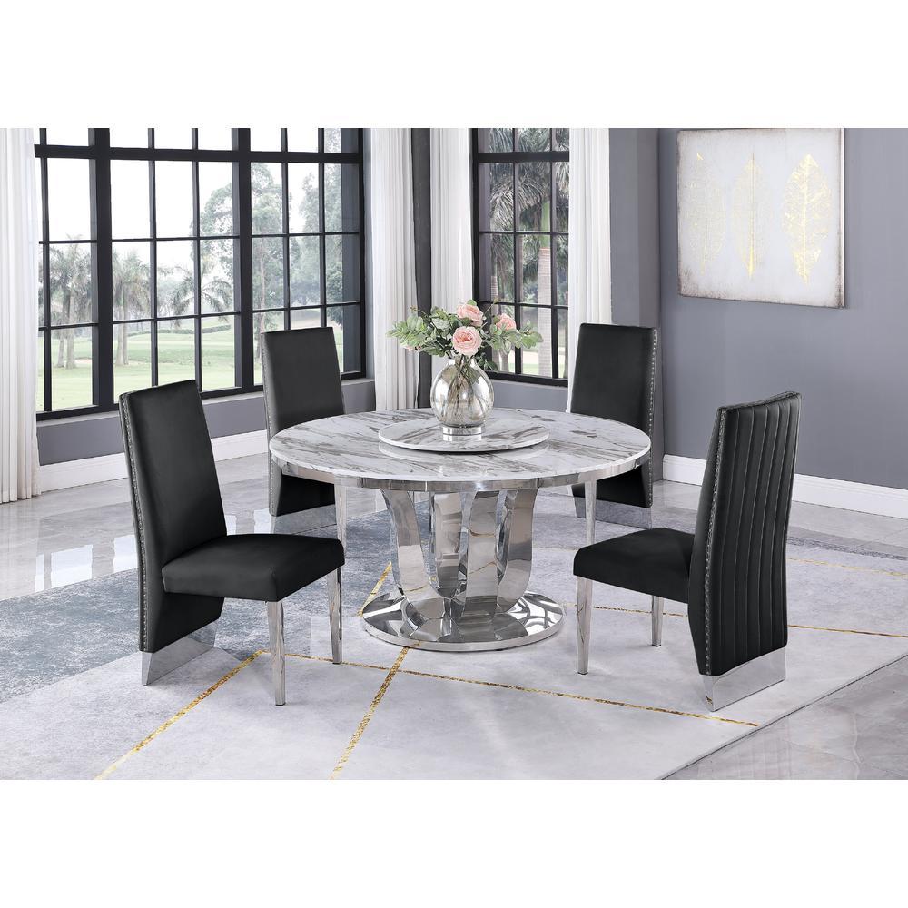 White Marble LazySusan Dining Set Pleated Chairs in Black Velvet