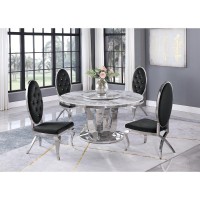 White Marble LazySusan Dining Set Tufted Faux Crystal Chairs in Black Velvet