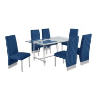 Acrylic Glass 7pc Set Pleated Chairs in Navy Blue Velvet