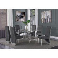 Acrylic Glass 7pc Set Pleated Chairs in Dark Grey Velvet