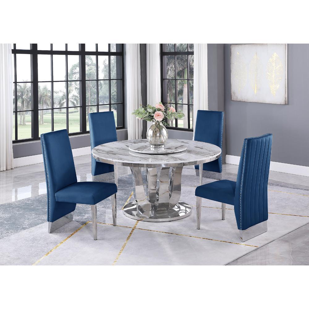 White Marble LazySusan Dining Set Pleated Chairs in Navy Blue Velvet