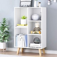 Iotxy Wooden Open Shelf Bookcase 3Tier Floor Standing Display Cabinet Rack With Legs 5 Cubes Bookshelf Warm White