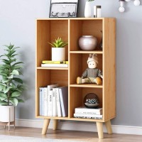 Iotxy Wooden Open Shelf Bookcase 3Tier Floor Standing Display Cabinet Rack With Legs 5 Cubes Bookshelf Pear Yellow