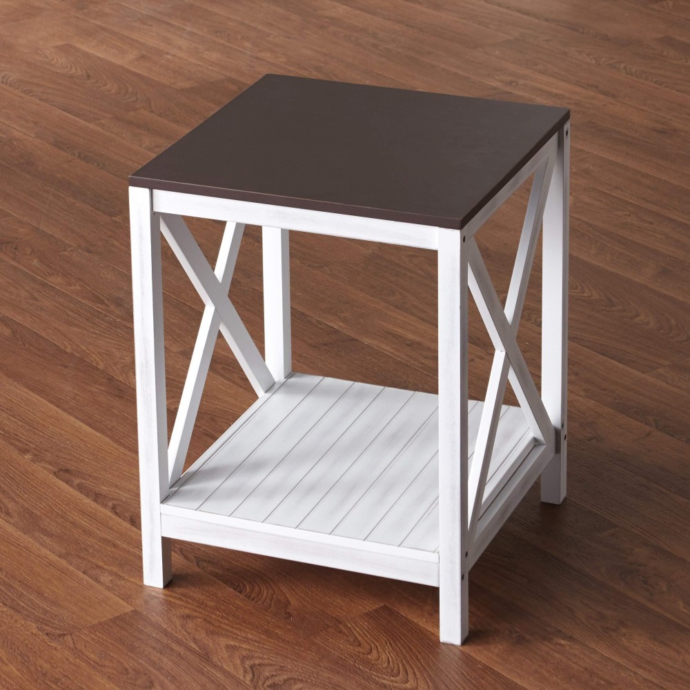 Two-Tone End Table With X Design Legs And Lower Shelf For Storage - White