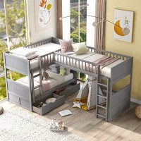Triple Bunk Beds, L-Shaped Bunk Bed For 3 With Drawers,Twin Over Twin Wood Bunk Bed And Loft Bed With Storage For Kids, Boys, Girls, Teens, Adults, Gray