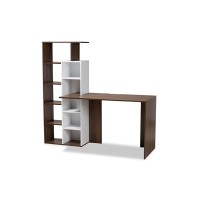 Baxton Studio Rowan Modern And Contemporary Two-Tone White And Walnut Brown Finished Wood Storage Computer Desk With Shelves