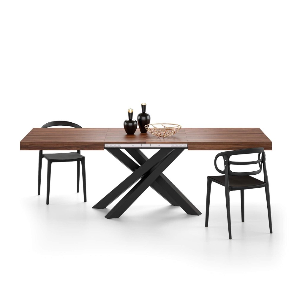Mobili Fiver, Emma 63(94,5) X35,4 In Extendable Table, Canaletto Walnut With Black Crossed Legs, For 6-10 People, Expandable Dining Table For Kitchen, Living Room, Italian Furniture