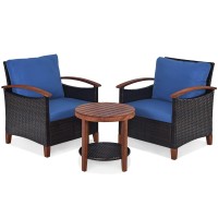 Dortala 3 Pieces Patio Rattan Furniture Set, Outdoor Wicker Sofa Set W/Washable Cushion And Acacia Wood Tabletop, High Load Bearing Chair With Coffee Table, Conversation Furniture (Navy)