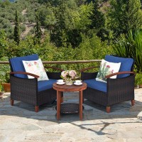 Dortala 3 Pieces Patio Rattan Furniture Set, Outdoor Wicker Sofa Set W/Washable Cushion And Acacia Wood Tabletop, High Load Bearing Chair With Coffee Table, Conversation Furniture (Navy)