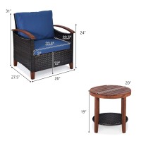 Dortala 3 Pieces Patio Rattan Furniture Set, Outdoor Wicker Sofa Set W/Washable Cushion And Acacia Wood Tabletop, High Load Bearing Chair With Coffee Table, Conversation Furniture (Navy)