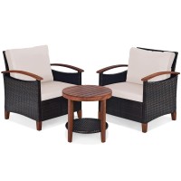 Dortala 3 Pieces Patio Rattan Furniture Set, Outdoor Wicker Sofa Set W/Washable Cushion And Acacia Wood Tabletop, High Load Bearing Chair With Coffee Table, Conversation Furniture (Beige)