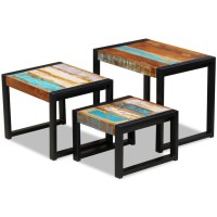 Vidaxl Side Table Set Of 3, End Table With Steel Frame, Nesting Coffee Table For Living Room, Home Furnishing, Industrial, Solid Wood Mango