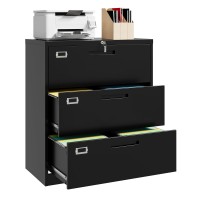 Lateral File Cabinet With Lock, 3 Drawer Metal Filing Cabinet, Lateral Filing Cabinet With Lock For Home Office, Locking Metal Steel Wide File Cabinet For Legal/Letter A4 Size