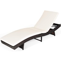 Tangkula Outdoor Folding Chaise Lounger, Rattan Patio Lounge Chair With Removable Thick Cushion, 5 Adjustable Levels, Leisure Reclining Wicker Chair For Garden, Pool Side, Balcony (1, White)