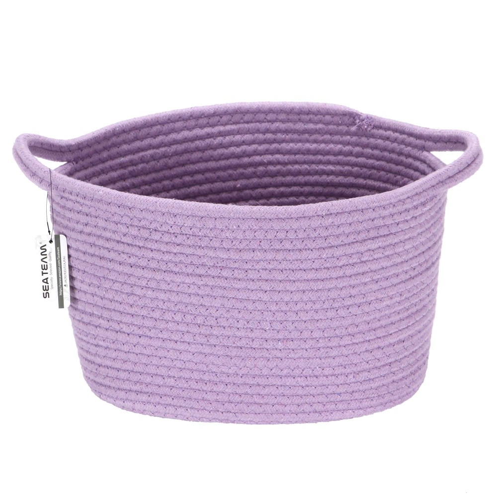 Sea Team Oval Cotton Rope Woven Storage Basket With Handles, Diaper Caddy, Nursery Nappies Organizer, Baby Shower Basket For Kid'S Room, 12.2 X 8 X 9 Inches (Small Size, Lavender)
