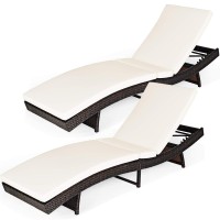 Tangkula Outdoor Chaise Lounger, Rattan Patio Lounge Chair With Removable Thick Cushion, 5 Adjustable Levels, Leisure Reclining Wicker Chair For Garden, Pool Side, Balcony (2, White)