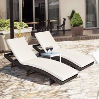 Tangkula Outdoor Chaise Lounger, Rattan Patio Lounge Chair With Removable Thick Cushion, 5 Adjustable Levels, Leisure Reclining Wicker Chair For Garden, Pool Side, Balcony (2, White)