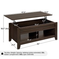 Yaheetech Lift Top Coffee Table With Hidden Storage Compartment & 2 Open Shelves, Rising Tabletop Pop Up Center Table For Living Room Reception Room, 47.5'' L, Espresso