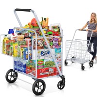 Shopping Cart, 460 Lbs Upgrade Super Capacity Grocery Cart Extra Jumbo Double Basket Folding Shopping Cart With 360? Rolling Swivel Wheels Utility Shopping Cart For Laundry, Grocery, Shopping, Baggage