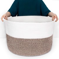 Annecy Xxlarge Cotton Rope Basket, 21X13 Inches Blanket Basket Living Room, Woven Baby Laundry Basket With Handle For Toy, Towels, Pillows, Decorative Basket For Blankets, White & Beige Brown