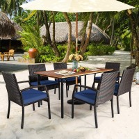 Happygrill 7 Pieces Patio Dining Set Outdoor Furniture Rattan Wicker Dining Set With Umbrella Hole, Powder Coated Steel Frame, Acacia Wood Dining Table And Armchairs With Removable Cushions