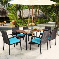 Happygrill 7 Pcs Patio Dining Set Outdoor Furniture Rattan Wicker Dining Set With Umbrella Hole, Powder Coated Steel Frame, Acacia Wood Dining Table And Armchairs With Removable Cushions