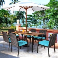 Happygrill 7 Pcs Patio Dining Set Outdoor Furniture Rattan Wicker Dining Set With Umbrella Hole, Powder Coated Steel Frame, Acacia Wood Dining Table And Armchairs With Removable Cushions