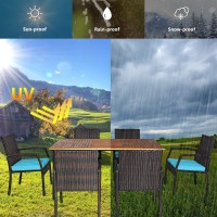 Happygrill 7 Pcs Patio Dining Set Outdoor Furniture Rattan Wicker Dining Set With Umbrella Hole, Powder Coated Steel Frame, Acacia Wood Dining Table And Armchairs With Removable Cushions