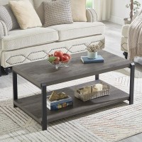 Excefur Coffee Table With Storage Shelf,Rustic Wood And Metal Cocktail Table For Living Room,Grey