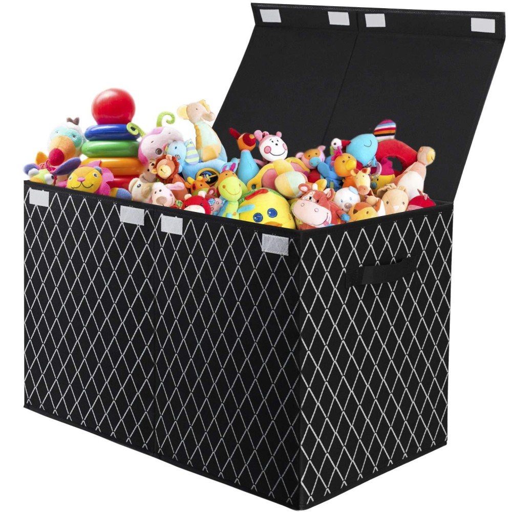 Toy Chest Box Organizer Bins For Boys Girls, Kids Large Collapsible Storage Box Container Sturdy With Fabric Flip-Top Lid & Handles For Clothes, Blanket, Nursery, Playroom, Bedroom 24.5X13X16 (Black)