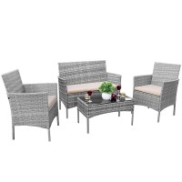 Devoko 4 Pieces Patio Porch Furniture Sets Pe Rattan Wicker Chairs Beige Cushion With Table Outdoor Garden Patio Furniture Sets