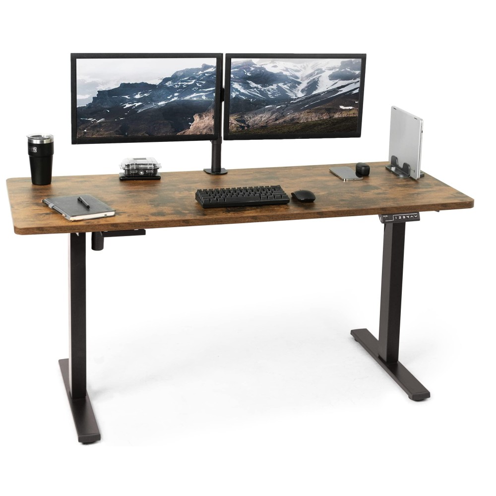 Vivo Electric Height Adjustable 60 X 24 Inch Memory Stand Up Desk, Vintage Brown Solid One-Piece Table Top, Black Frame, Standing Workstation With Preset Controller, Desk-Kit-1B6N