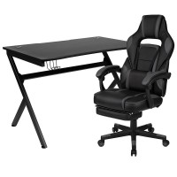 Black Gaming Desk with Cup HolderHeadphone Hook2 Wire Management Holes Black Reclining BackArms Gaming Chair with Footrest